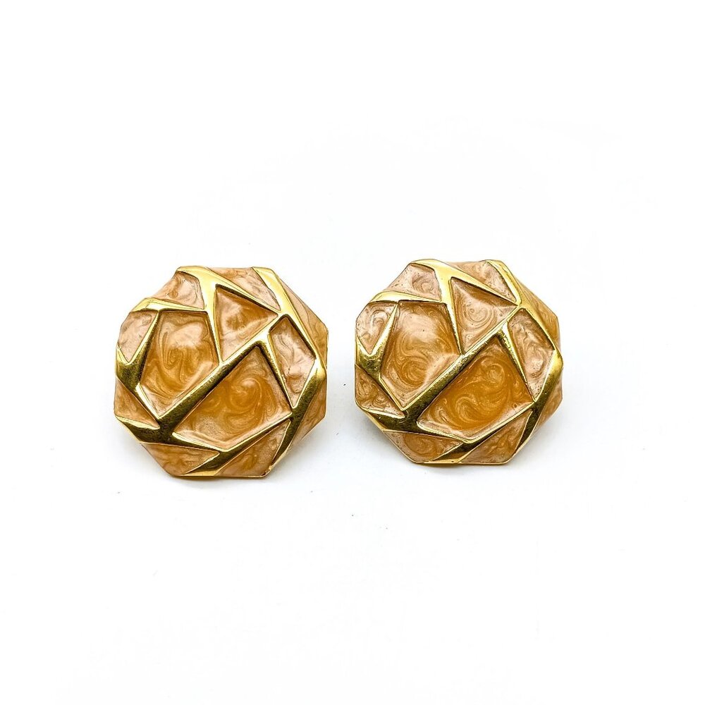 Abstract Octagonal Monet Earrings, Gold Tone Studs with Peach Swirl Enamel Geome